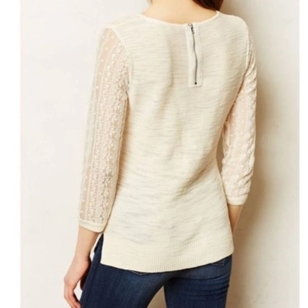 Knitted & Knotted Coquette Cream Lace Sleeve Sweater Texture Cotton Rear Zip SzM - Picture 3 of 16